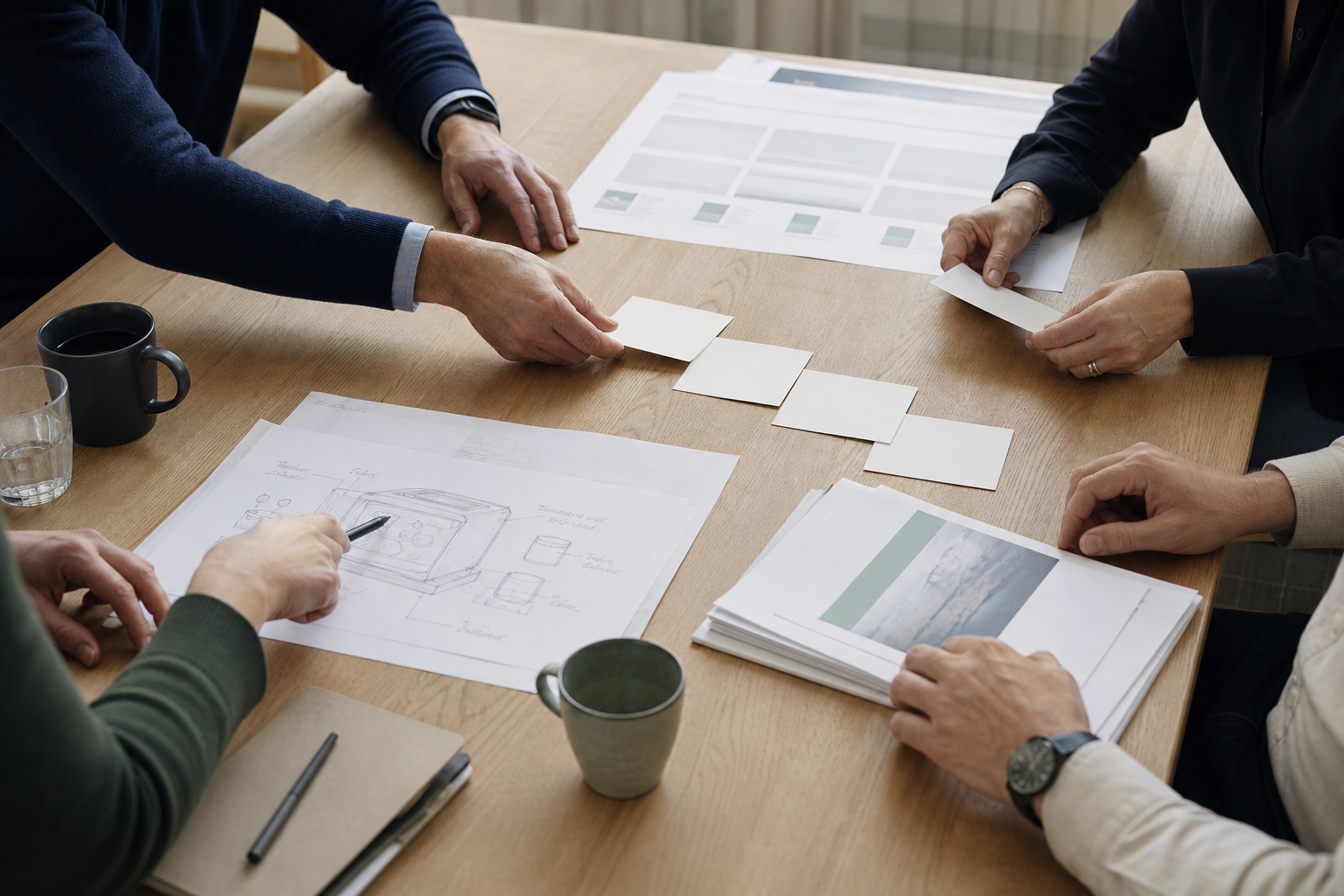 Et B2B-team samler søgerejse, website og dokumentation på et bord før en fælles købsbeslutning.
