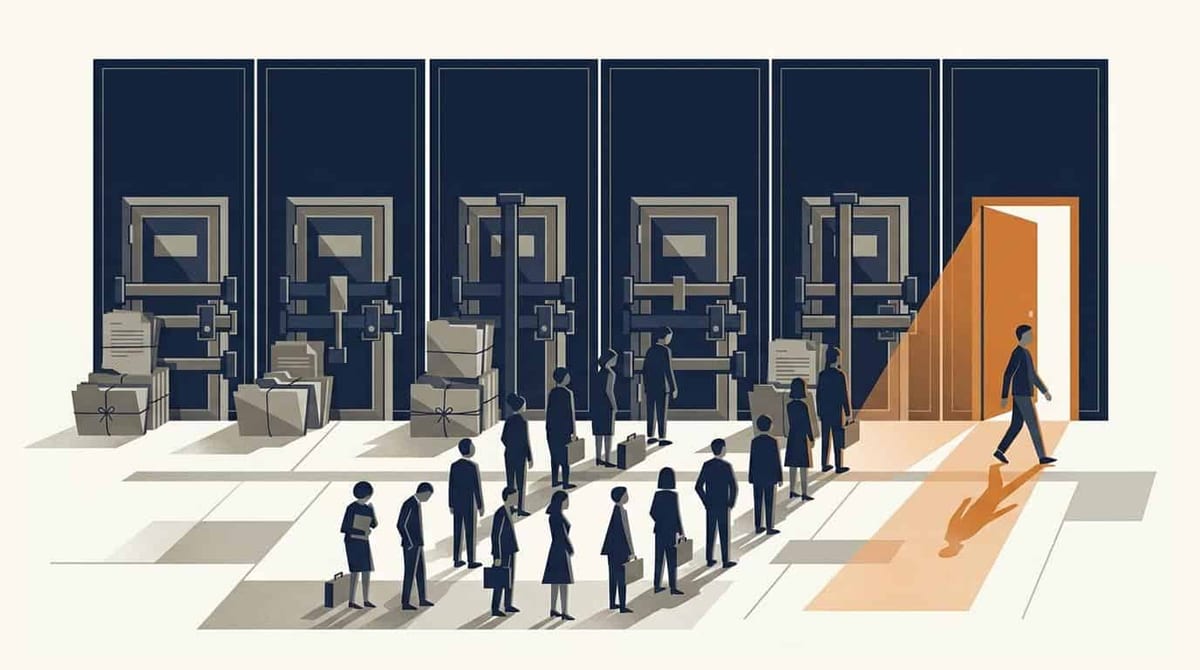 Illustration af en mur med seks døre, hvor fem er boltet til og omgivet af papirbunker, mens den sjette står åben med lys ud på gulvet