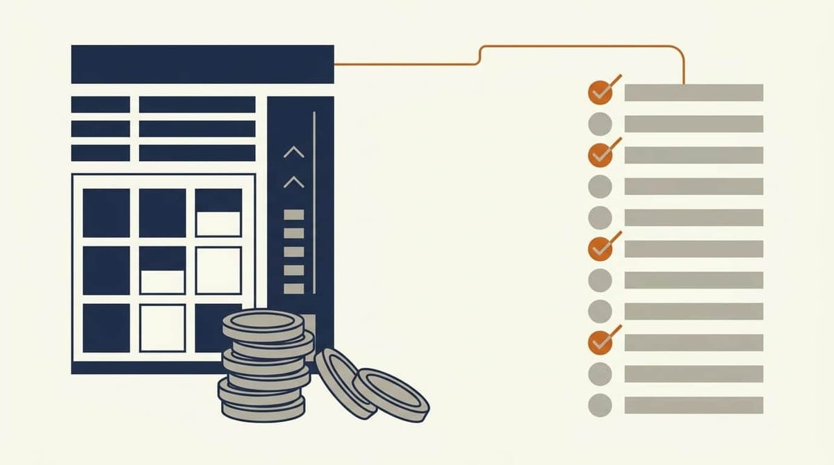 Illustration af en Google Ads-konto gennemgået som tjekliste, hvor fire ud af tolv punkter er markeret, og mønter falder fra en stak som symbol på spildt annoncebudget