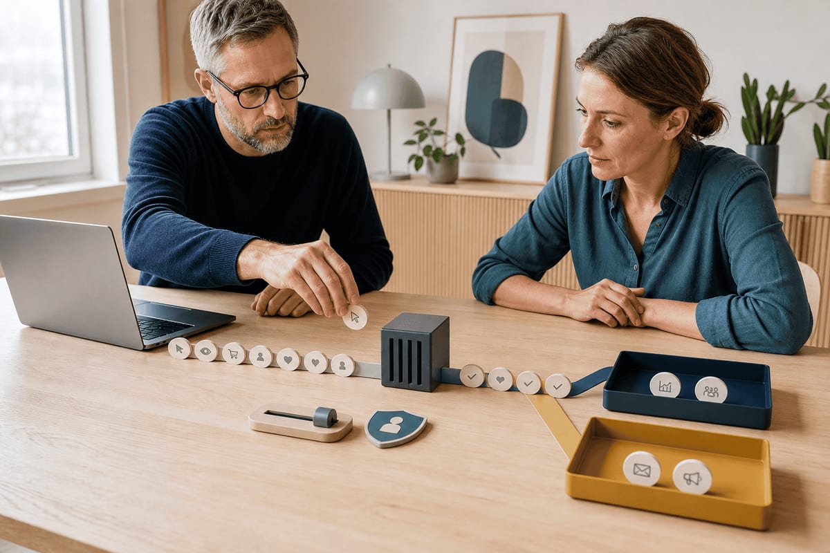 To specialister sorterer databrikker gennem en central server og videre til adskilte destinationer efter et samtykkevalg.
