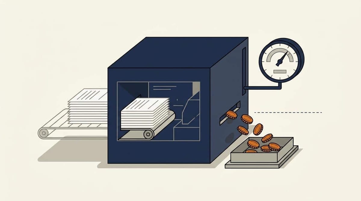 Illustration af en lukket maskine, der får dokumenter ind på den ene side og har to adskilte udgange på den anden: en møntbakke og en tælleskive uden forbindelse mellem dem