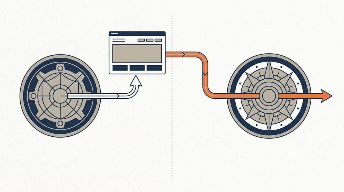 Illustration af to badges forbundet til et websitevindue med pile i hver sin retning