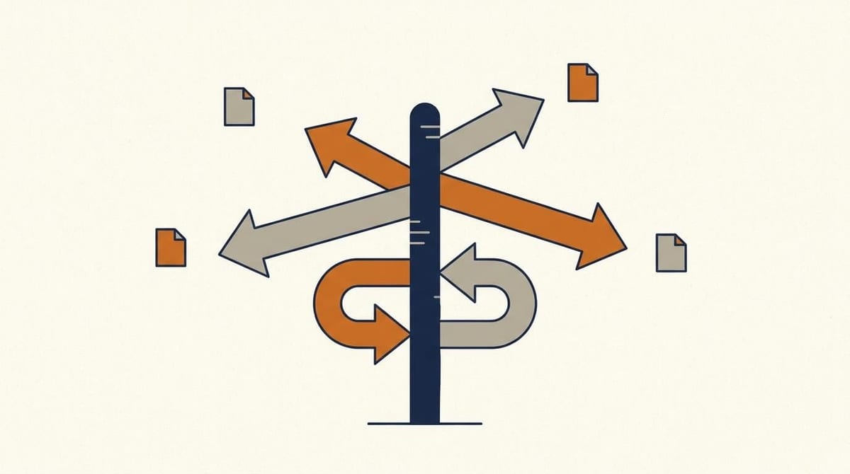 Illustration af en vejviserpæl hvor tre pile peger ud mod websider, og to pile bøjer tilbage og peger ind i pælen selv