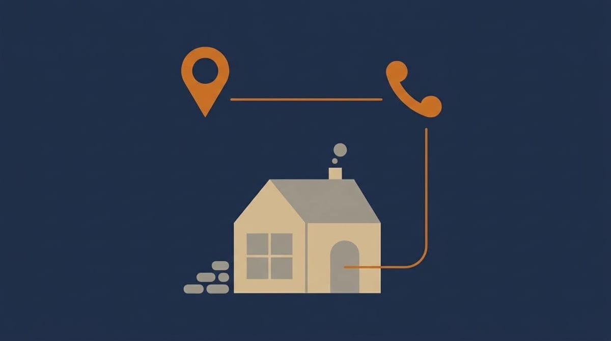 Illustration af en lille butik i en dansk kystby med et kortmærke og et telefonsymbol forbundet af en linje ned til butiksdøren