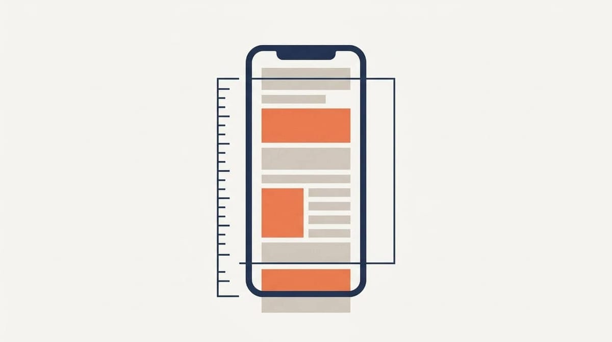 Illustration af en mobilskærm hvor annonceblokke måles med to forskellige målerammer: én om det synlige viewport, én om hele indholdskolonnen