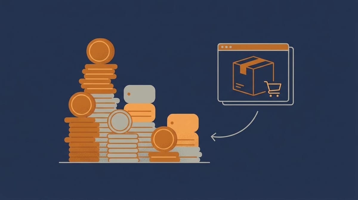 Stiliseret søjlediagram af prisniveauer ved siden af et lille butiksvindue — den samlede årlige pris for en Shopify-webshop