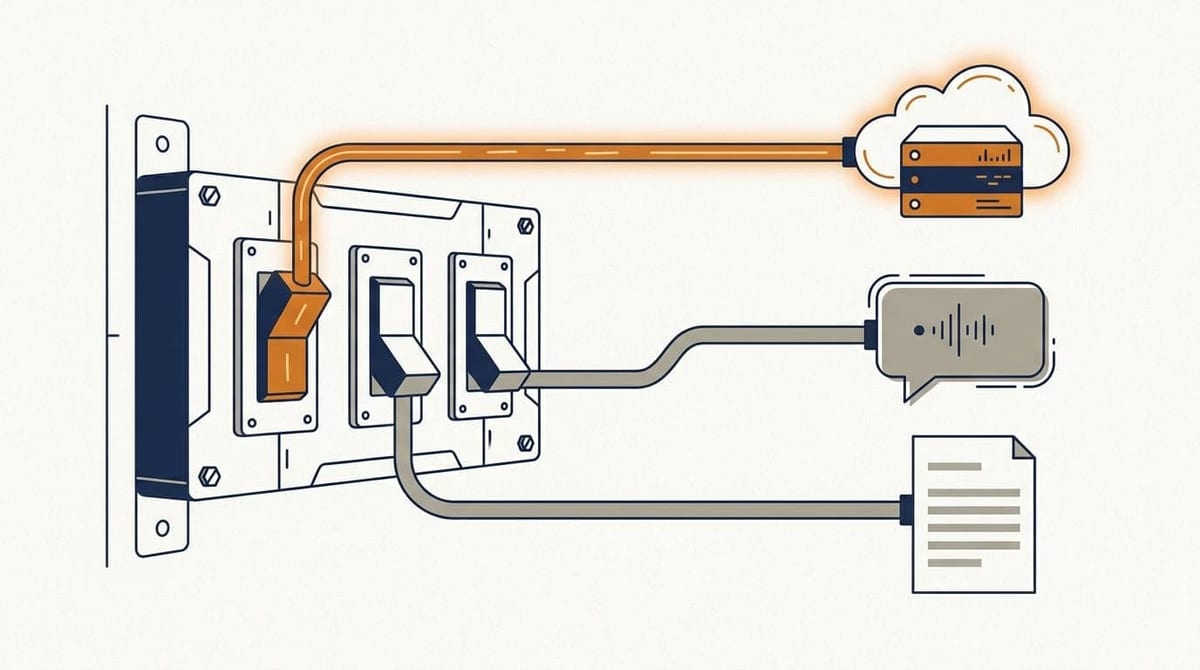 Tre kontakter på en tavle med hver sit kabel: kun det ene kabel lyser og fører til en serverboks, mens kablerne til en taleboble og en tekstside forbliver slukkede
