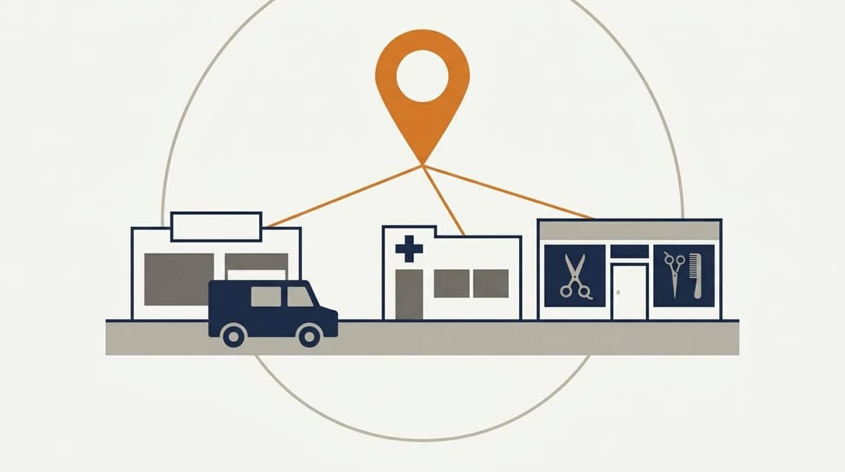 Illustration af en dansk hovedgade med værksted, klinik og salon, hvor en kortnål forbinder en lokal søgning med tre konkrete virksomheder