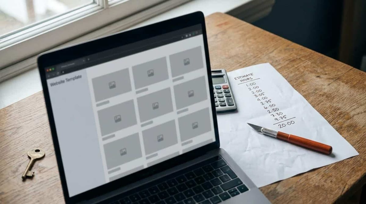 Skrivebord med bærbar computer der viser et gitter af ens hjemmesideskabeloner, ved siden af et håndskrevet timeestimat, en lommeregner og en nøgle