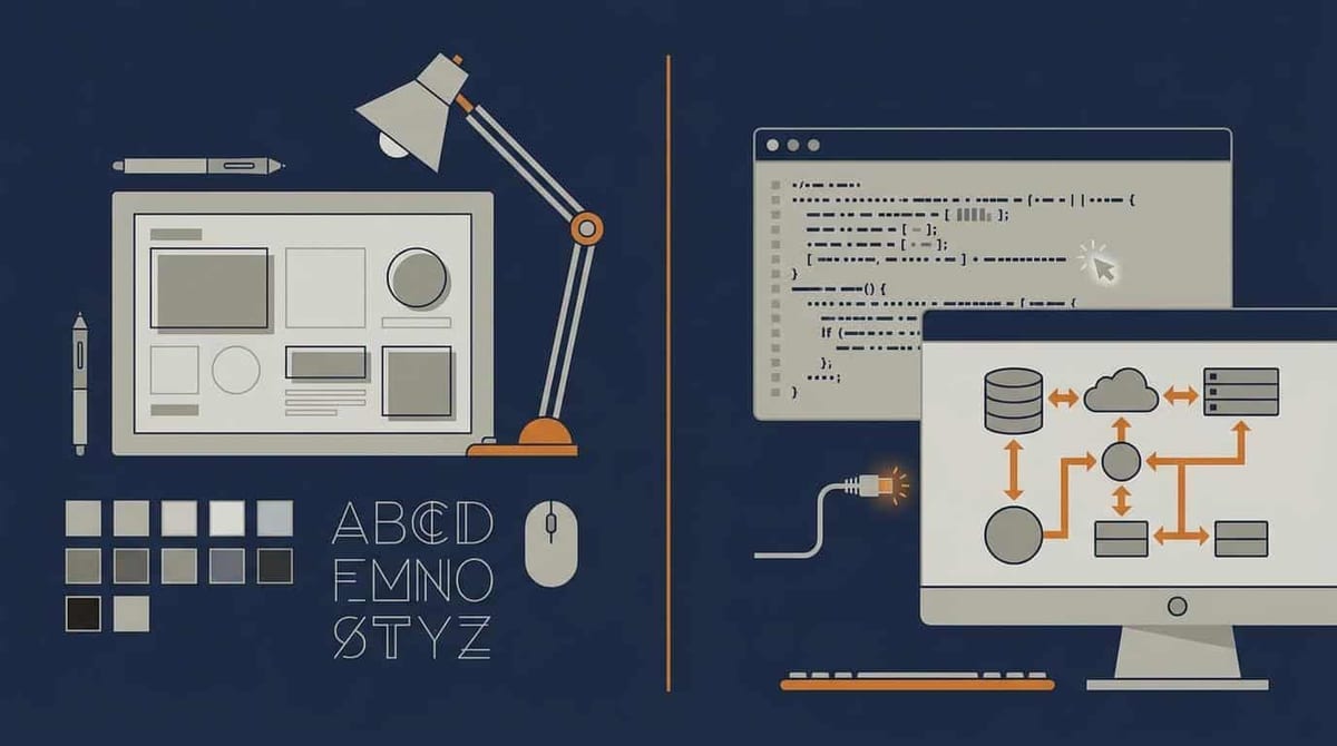 Delt illustration med et designerarbejdsbord til venstre og et udviklerarbejdsbord med terminal og API-diagram til højre