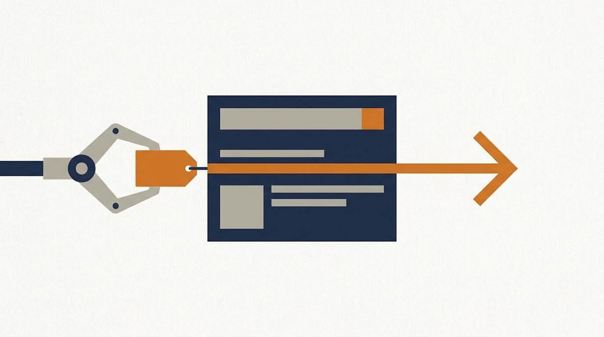 Illustration: en mekanisk gribearm sætter et lille mærke på et link, der forlader et søgeresultat, mens selve søgeresultatet er urørt
