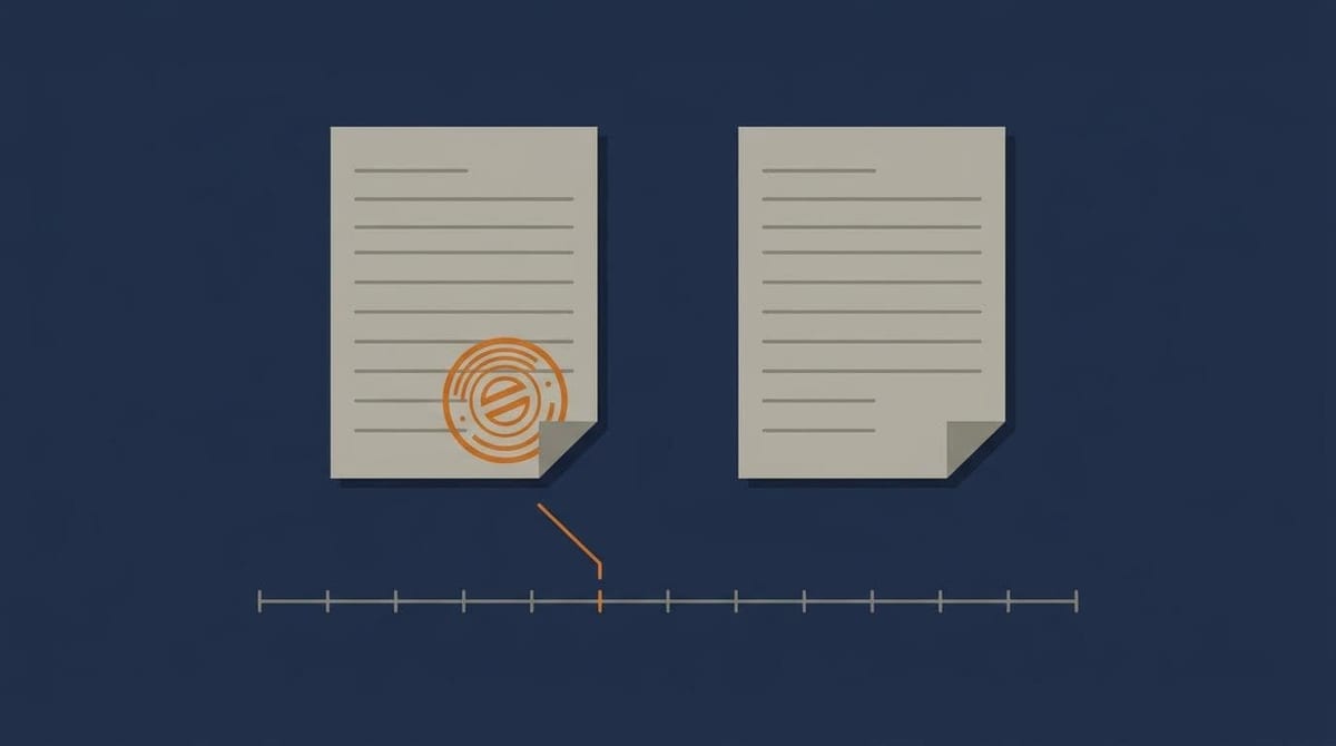 To ens dokumenter på mørkeblå baggrund: det ene har et orange stempel og en streg ned til en markering på en tidslinje, det andet står uden stempel og uden streg.
