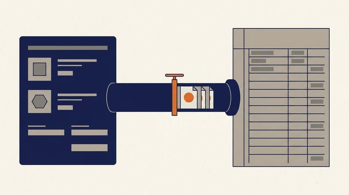 Webshop-ordre forbundet med en regnskabsbog gennem et rør, hvor datapakker står i kø ved en ventil