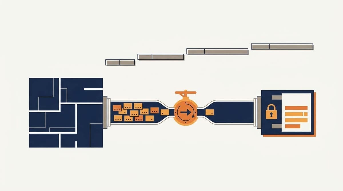 Datarør mellem to systemer med en strubeventil, hvor datapakker står i kø foran en låst tredjeparts-API