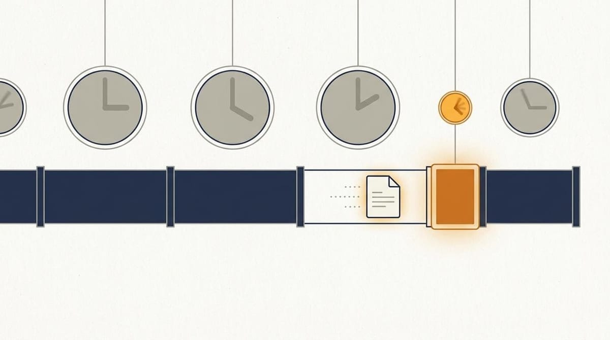 Illustration af en produktionslinje i fire led af meget forskellig længde med urskiver over hvert led — kun ét kort led er hurtigt
