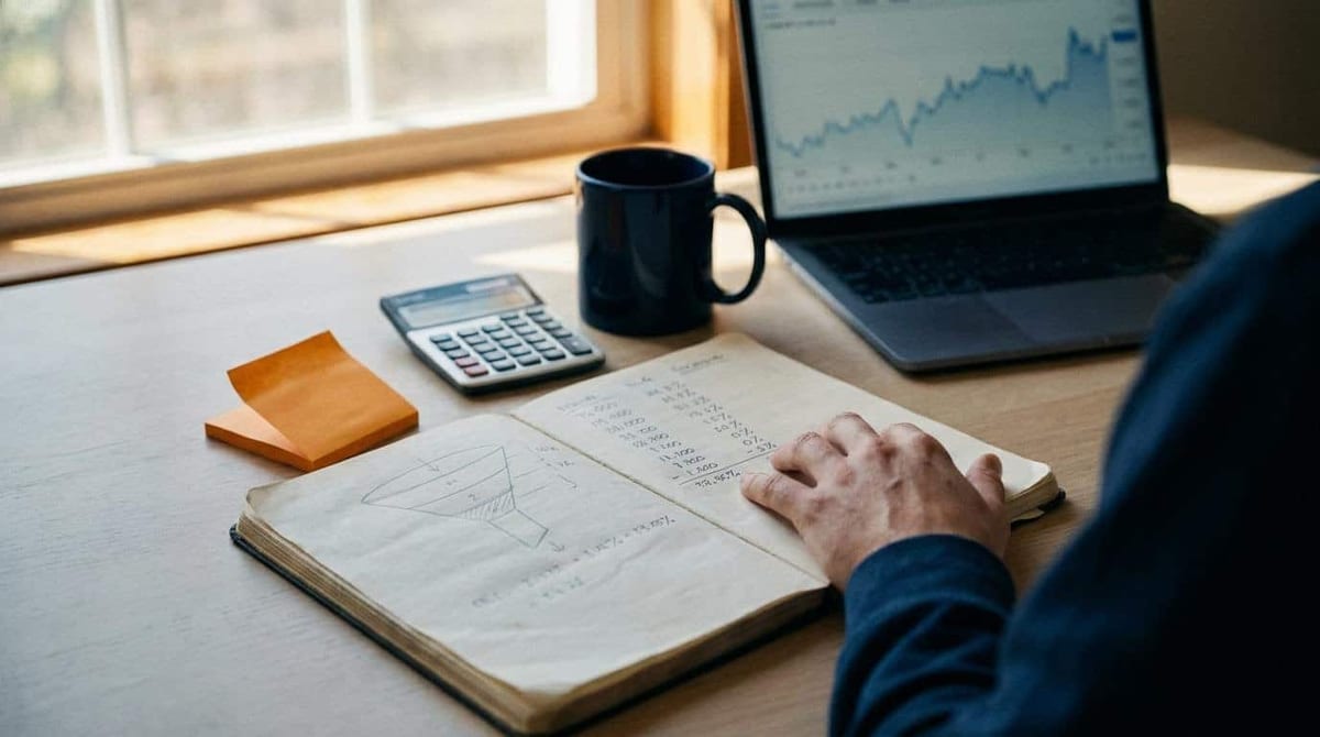 Åben notesbog med håndtegnet konverteringstragt og udregnede procenter ved siden af en lommeregner og en bærbar computer med en analytics-graf