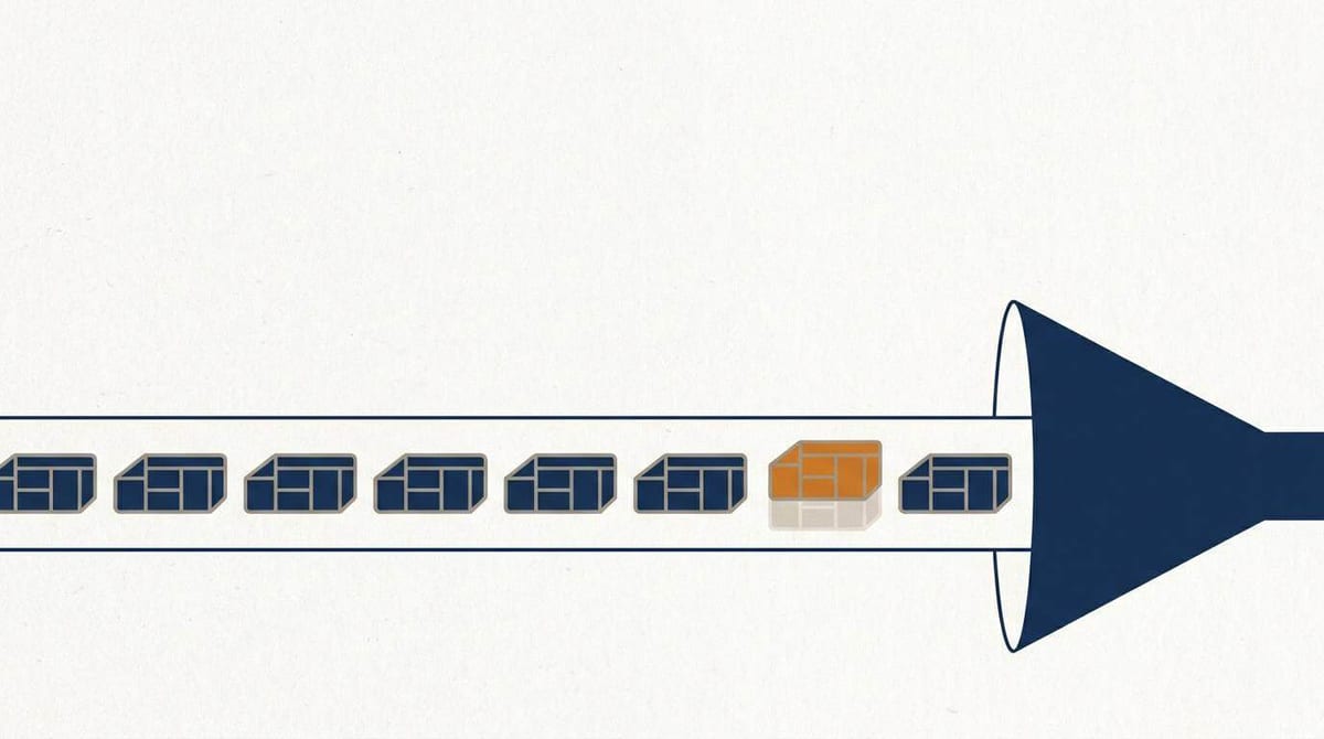 Illustration af en strøm af ens datapakker, hvor en enkelt ekstra pakke er sluppet med ubemærket