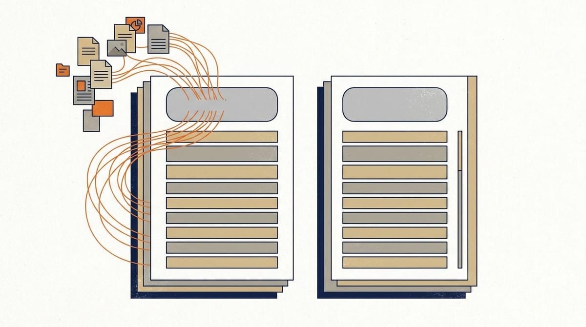 Illustration: en AI-svarboks øverst på en resultatside er forbundet med dokumentkort uden for siden, mens de ti resultatlinjer under boksen står uberørte