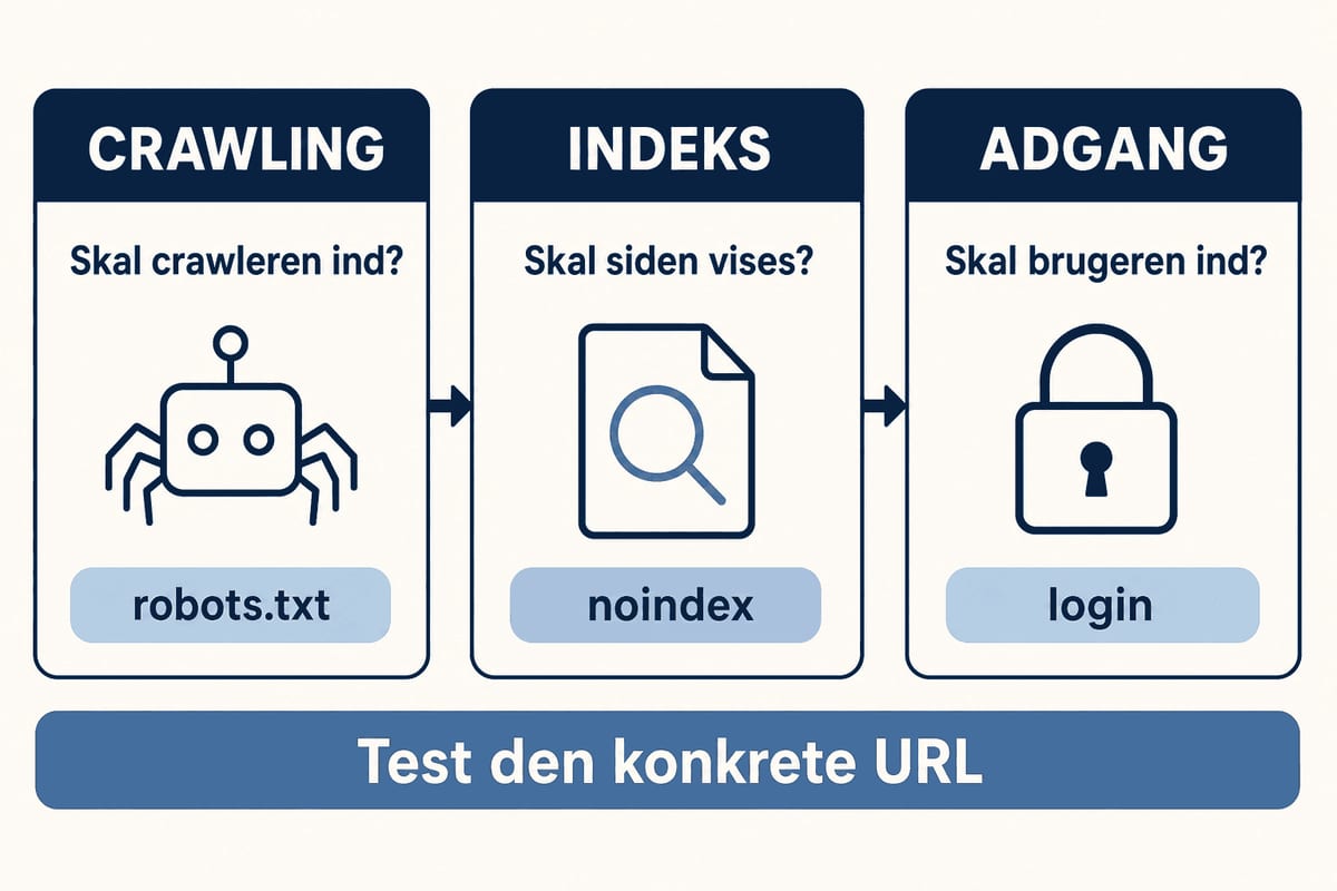 Beslutningsmodel, der skelner mellem robots.txt til crawling, noindex til indeks og login til beskyttet adgang.