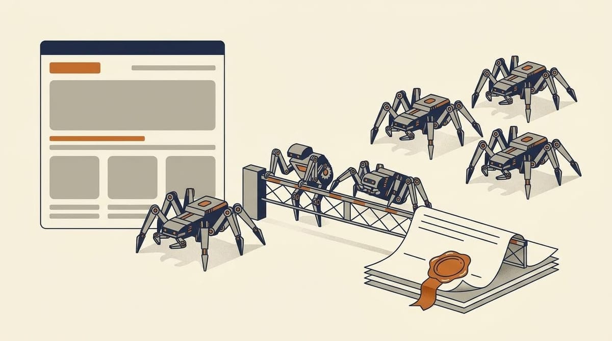 Illustration: fem webcrawlere nærmer sig en hjemmeside, tre stoppes af en bom, to går udenom gennem et åbent hul, og en foldet kontrakt med voksstempel holder bommen på klem