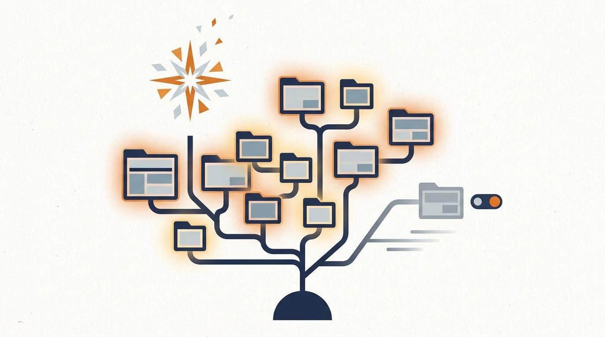 Illustration af et website som et træ af mapper, hvor én mappe er slukket med en orange kontakt og holdt adskilt fra et abstrakt symbol for AI-svar