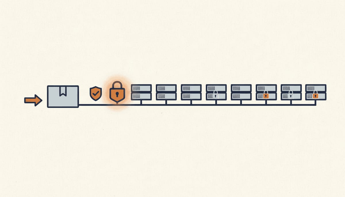 Illustration: en pakke med en sikkerhedsrettelse når kun den første server i en lang række, mens resten stadig står med åbne hængelåse