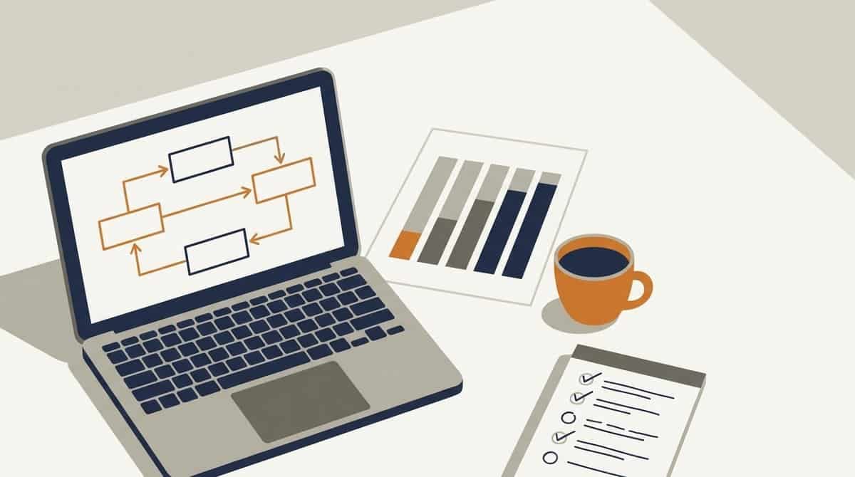 Illustration af et skrivebord med en bærbar computer, der viser et procesdiagram, et ark med søjler, en kaffekop og en tjekliste, som billede på arbejdet med en AI-konsulent.
