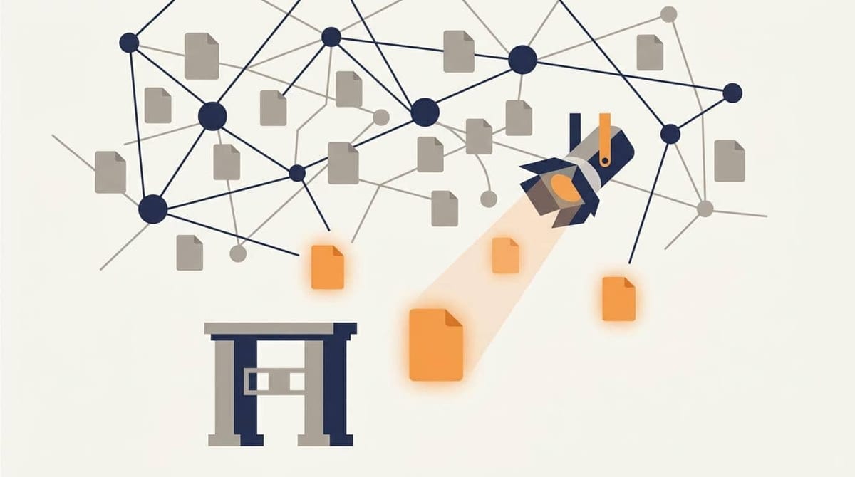 Illustration af et netværk af sider, hvor en lyskegle fremhæver orange sider uden links, mens en separat port står for adgangskontrollen