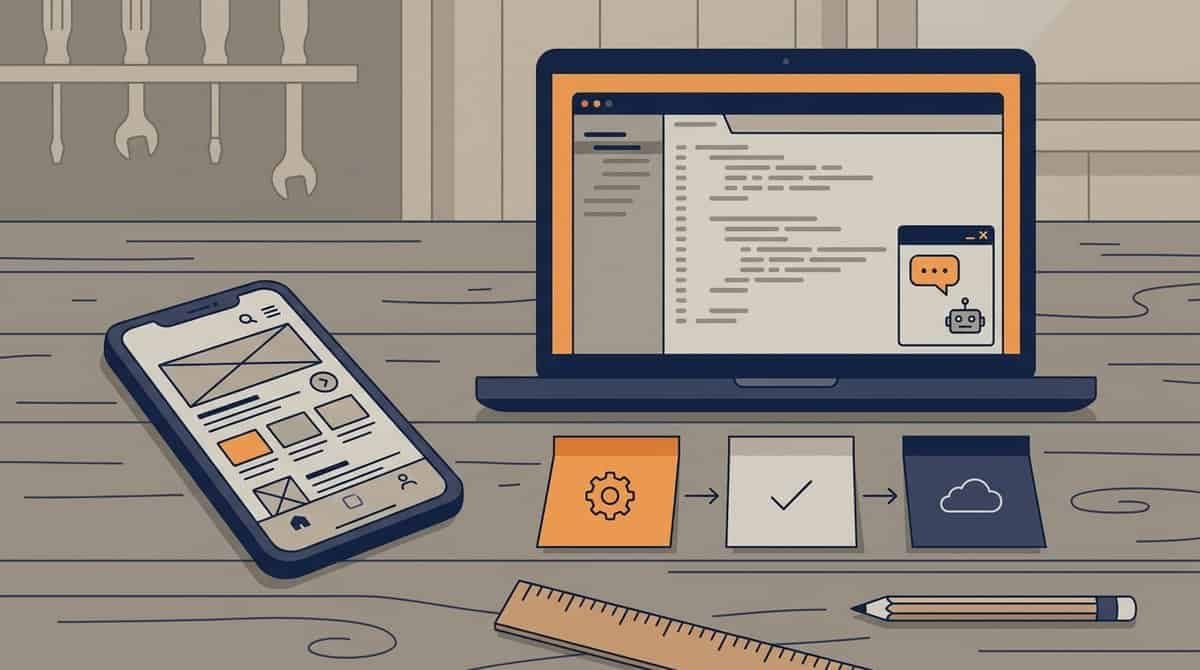Illustration af et arbejdsbord med en smartphone med app-skitser, en bærbar computer med kode og et AI-chatvindue samt sedler med et forløb i tre trin, som billede på app udvikling med AI.
