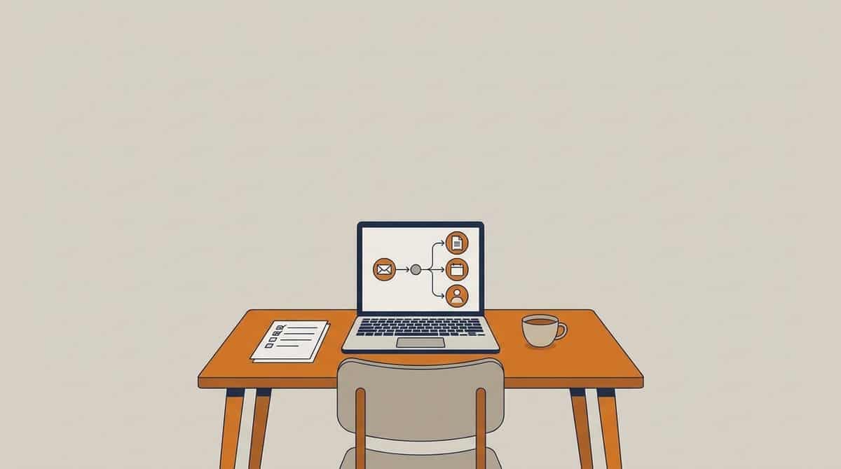Illustration af et skrivebord med en bærbar computer, der viser en mail, som en AI-agent sender videre til en faktura, en kalender og en medarbejder, ved siden af en tjekliste og en kaffekop.