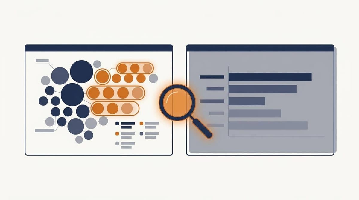 Illustration af to analyse-dashboards: det ene viser emneklynger med fremhævede huller, det andet kun et enkelt søjlediagram