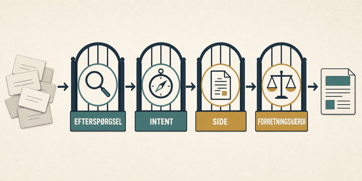 Fire gates i keyword research: efterspørgsel, intent, side og forretningsværdi, som omdanner en rå søgeordsliste til et sidevalg.