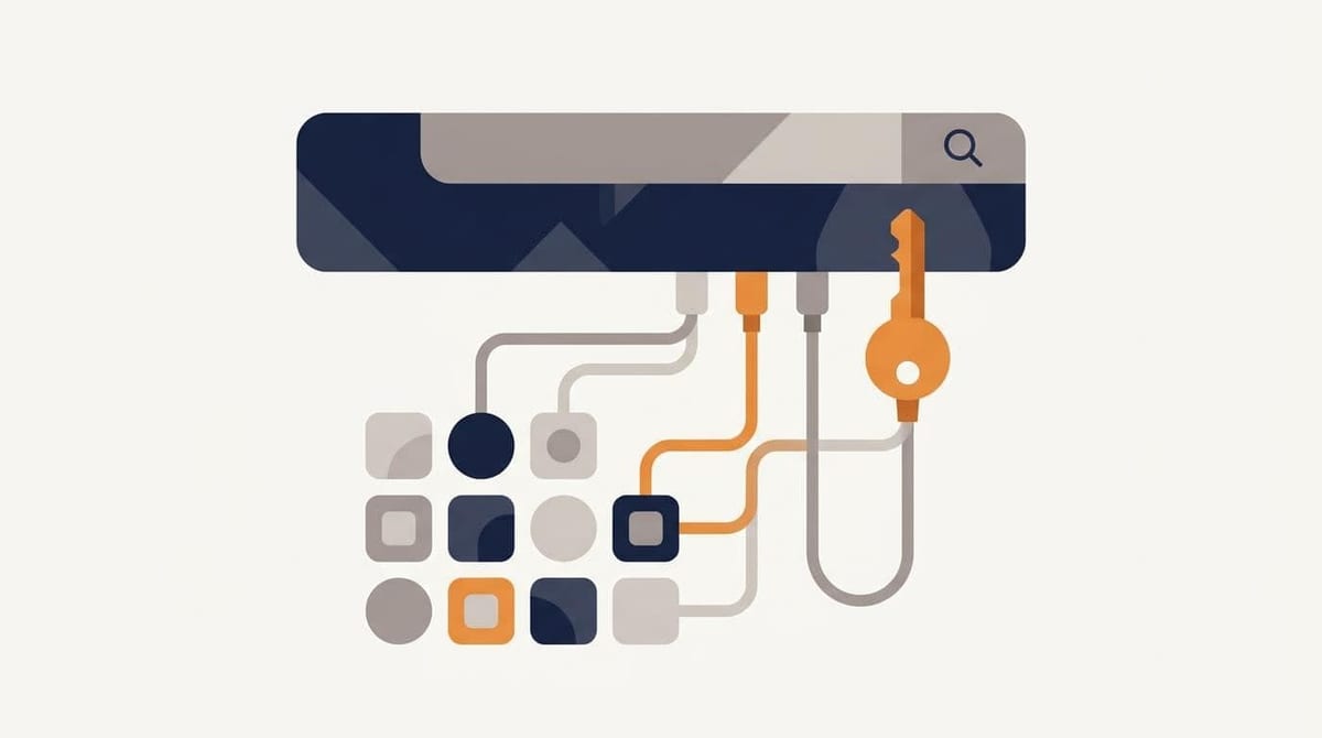 Illustration af en søgelinje, hvor app-felter er koblet til med kabler, og ét af dem er forbundet gennem en nøgle