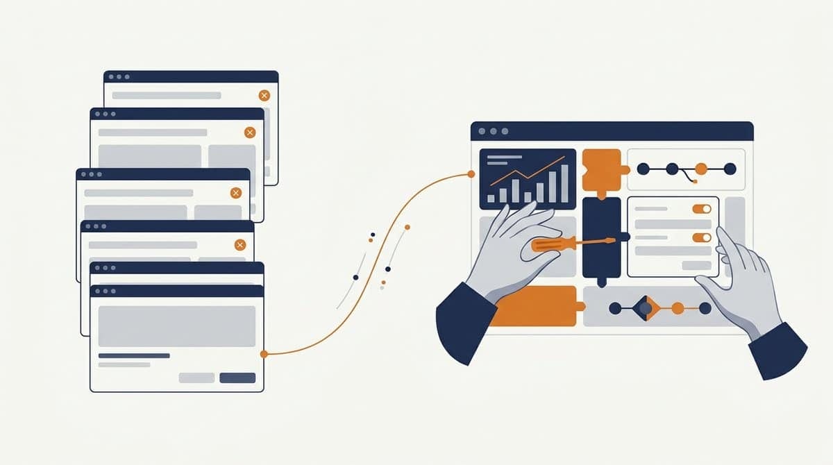 Illustration af en stak ens standardsystemer forbundet med en orange linje til et skræddersyet softwarevindue, der bygges af moduler.