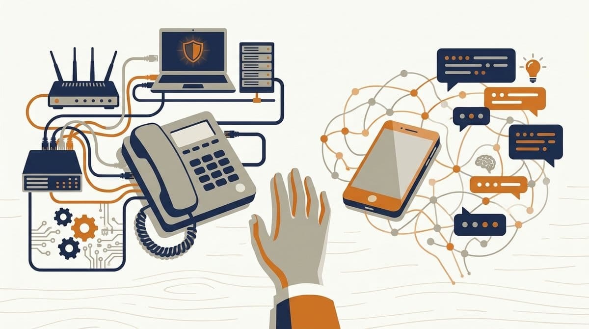 Illustration af et skrivebord set oppefra med to telefoner: den ene omgivet af router, kabler og en bærbar med skjold, den anden af et netværk og chatbobler, mens en hånd vælger mellem dem.