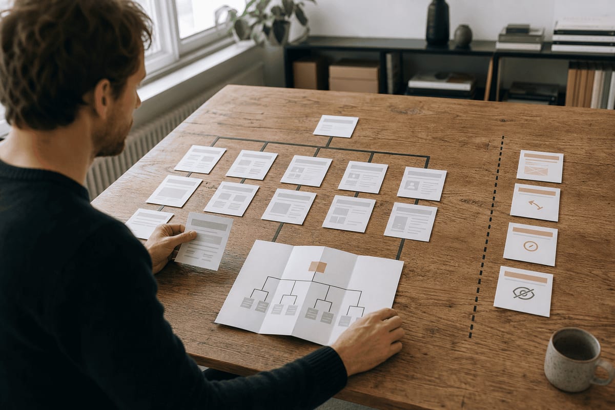 En webspecialist sorterer kort med websider i en valgt sitemap-struktur og lægger fejlbehæftede eller irrelevante sider til side.