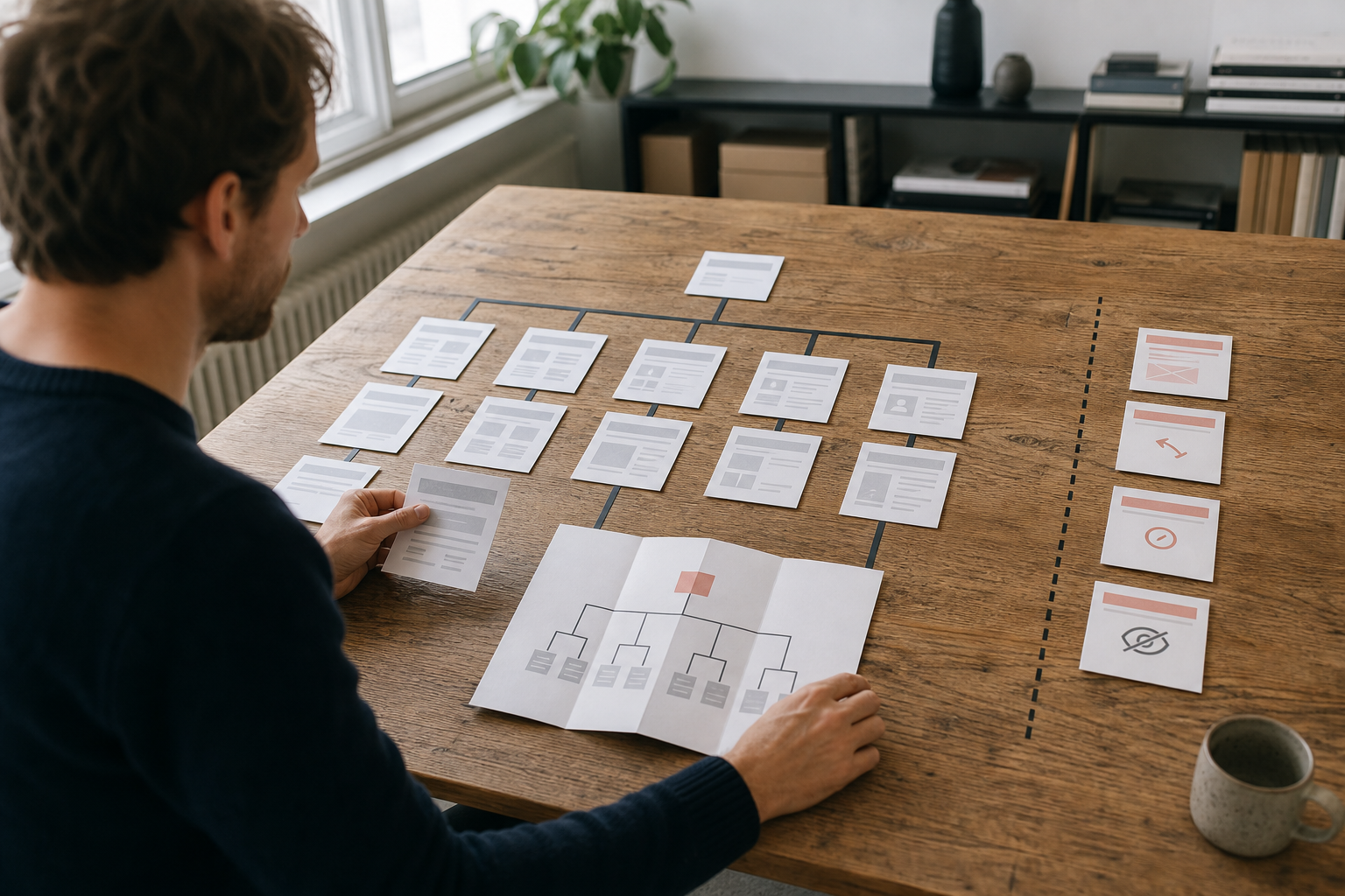 En webspecialist sorterer kort med websider i en valgt sitemap-struktur og lægger fejlbehæftede eller irrelevante sider til side.