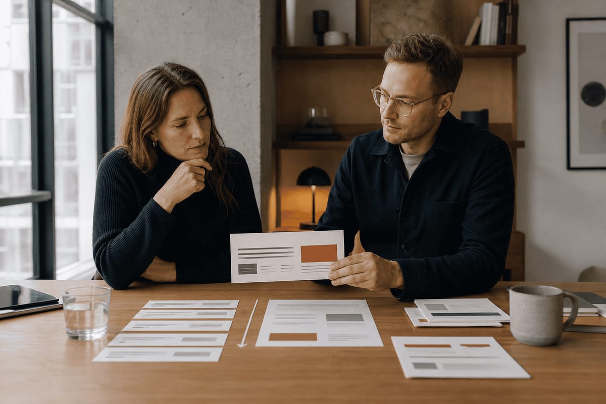 En marketingansvarlig og en webspecialist sammenligner et søgeresultats løfte med indholdet på den tilhørende landingsside.