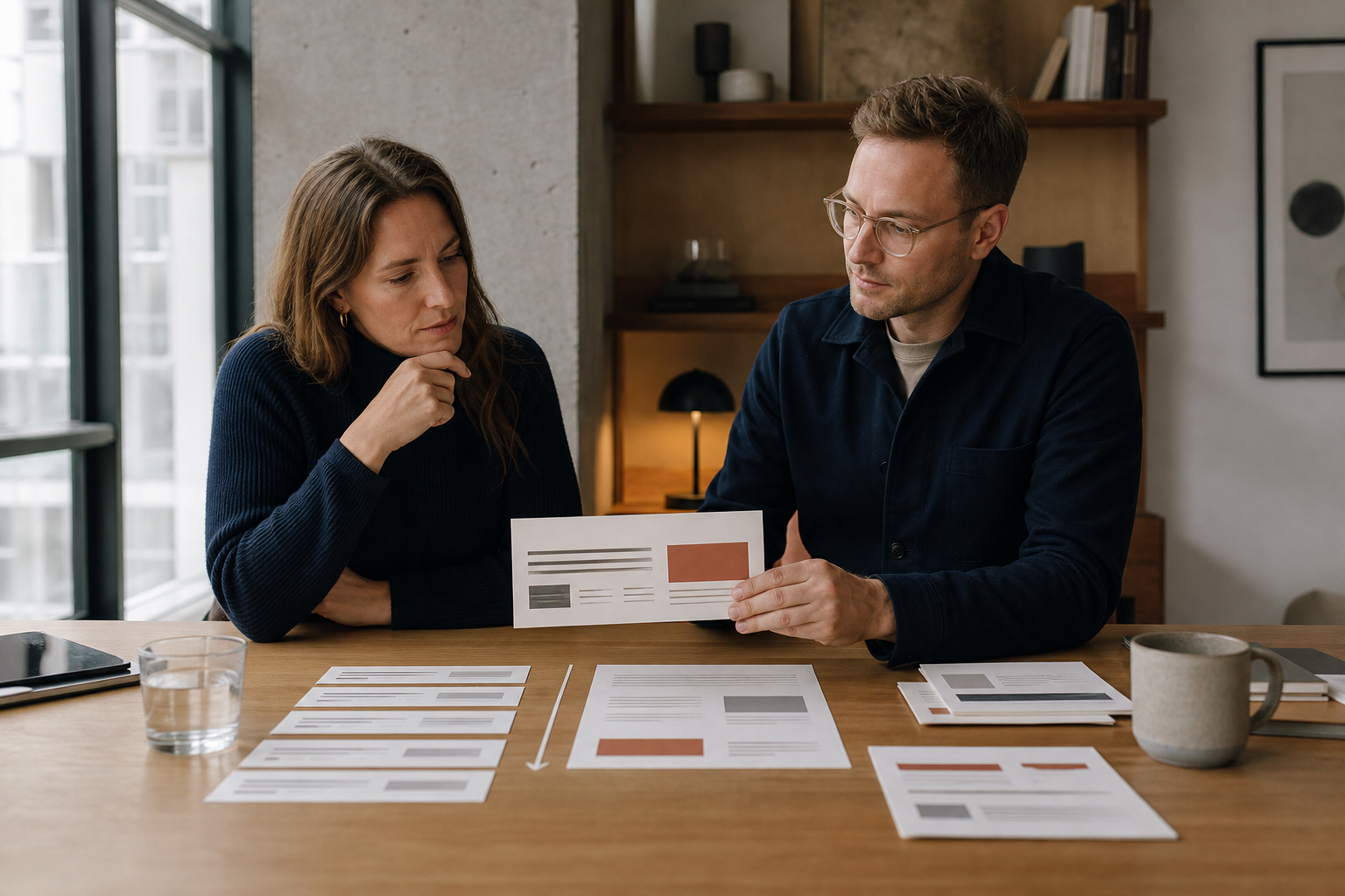 En marketingansvarlig og en webspecialist sammenligner et søgeresultats løfte med indholdet på den tilhørende landingsside.