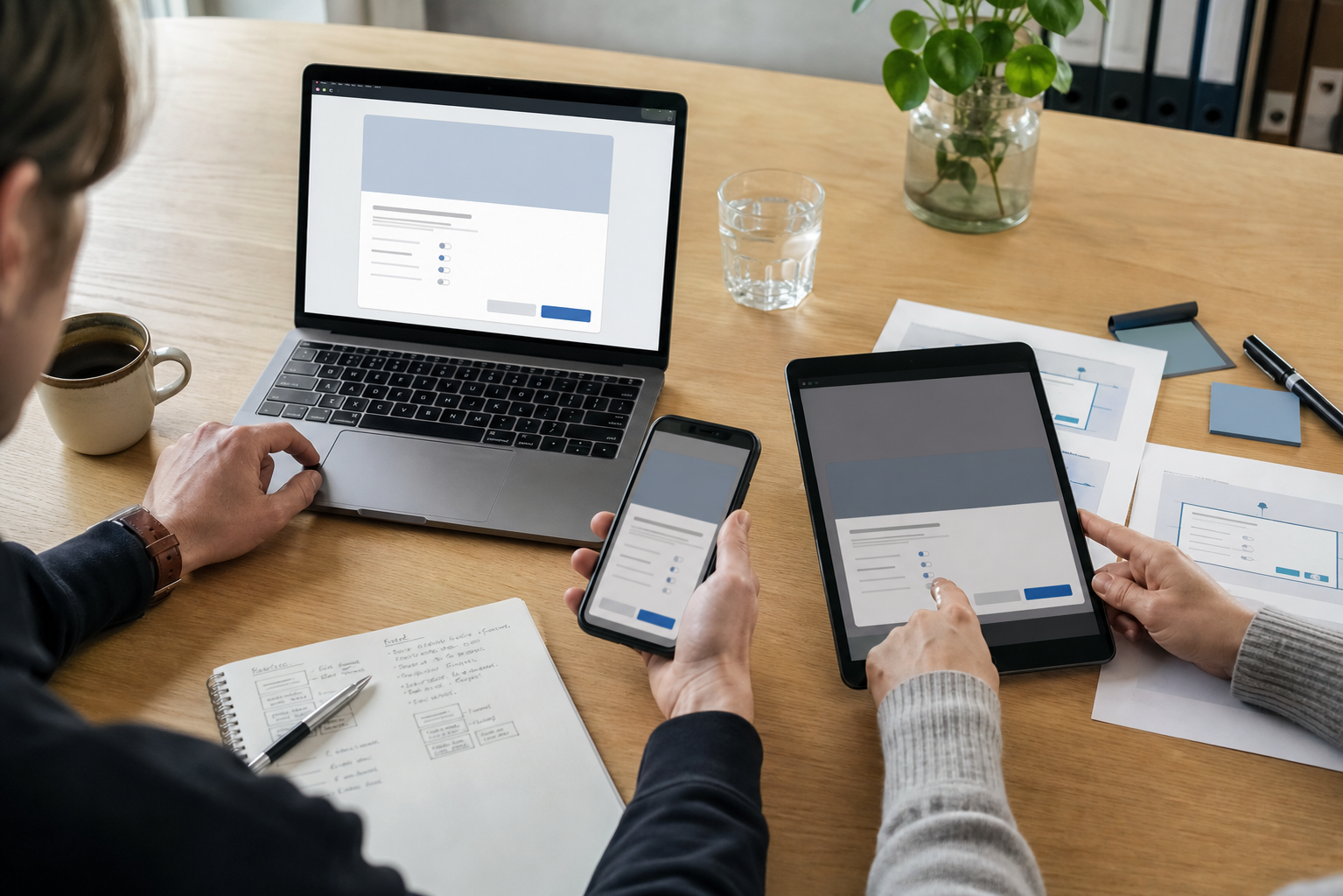 Et webteam tester samme cookiebanner på computer, tablet og telefon og sammenligner valgenes tekniske resultat.