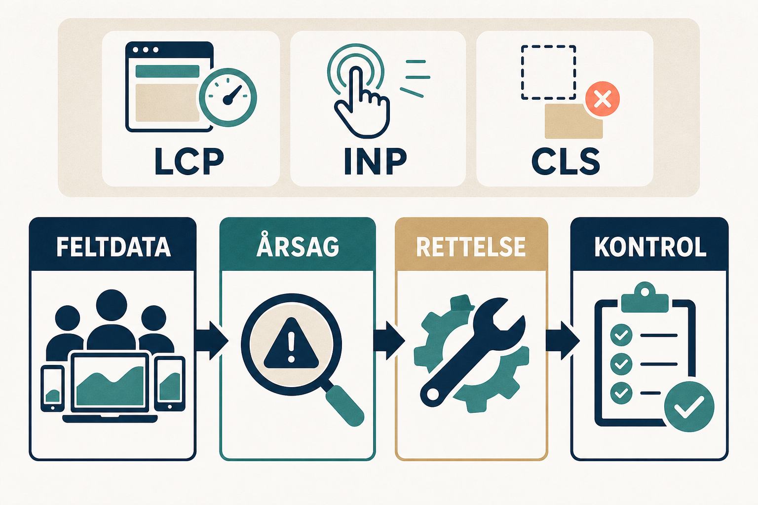 Infografik med LCP, INP og CLS over en beslutningsmodel i fire trin: feltdata, årsag, rettelse og kontrol.