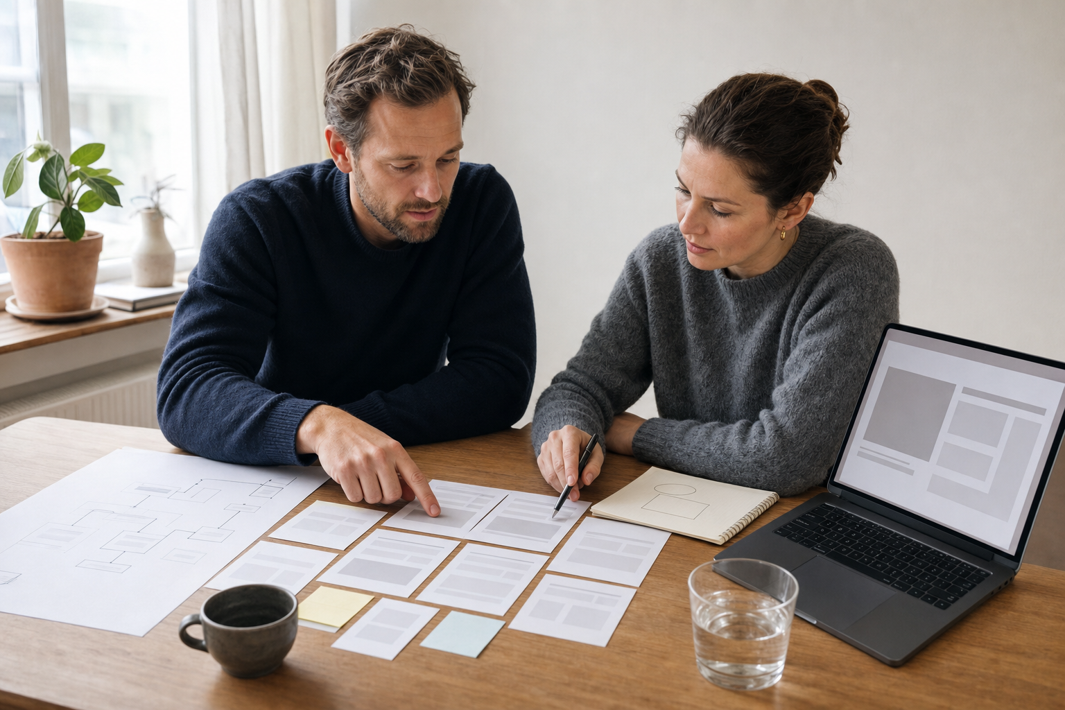 En marketingansvarlig og en teknisk specialist prioriterer fund fra en SEO-analyse ved et bord med sidekort og website-struktur.