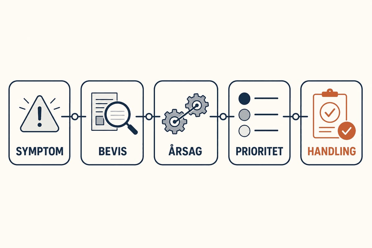 Infografik med fem trin i en SEO-analyse: symptom, bevis, årsag, prioritet og handling.