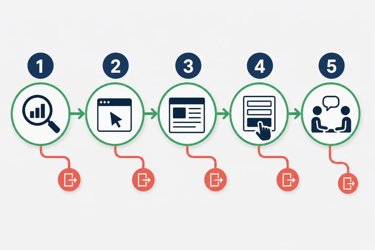 Infografik med fem nummererede trin fra synlighed og klik til sideforståelse, handling og kvalificeret samtale.