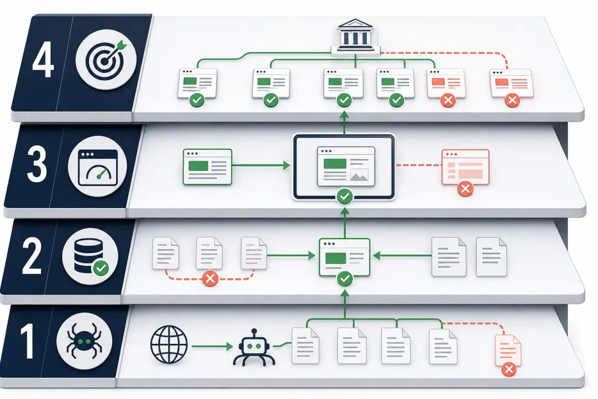 Infografik med fire nummererede tekniske SEO-lag for crawling, indeksering, rendering og prioritering.