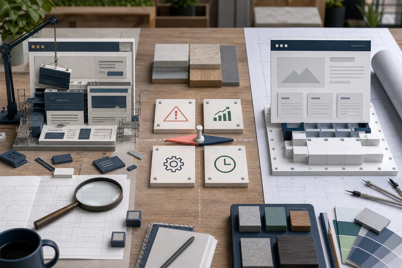 Arkitektonisk arbejdsbord med et eksisterende website til reparation, en ny modulær løsning og et centralt beslutningspunkt.