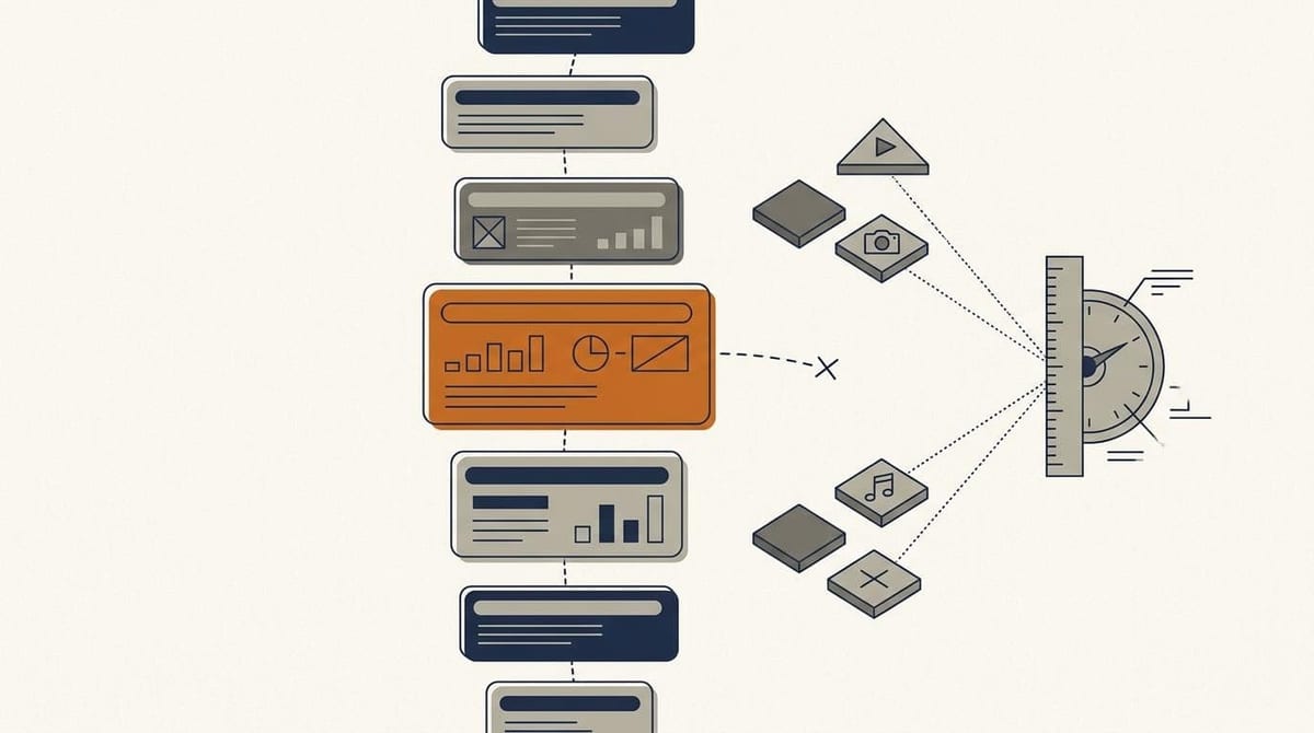 Abstrakt illustration af søgeresultater som stablede kort, hvor fire dæmpede platformsikoner er forbundet til et måleinstrument, mens det højest placerede kort i orange står uden forbindelse