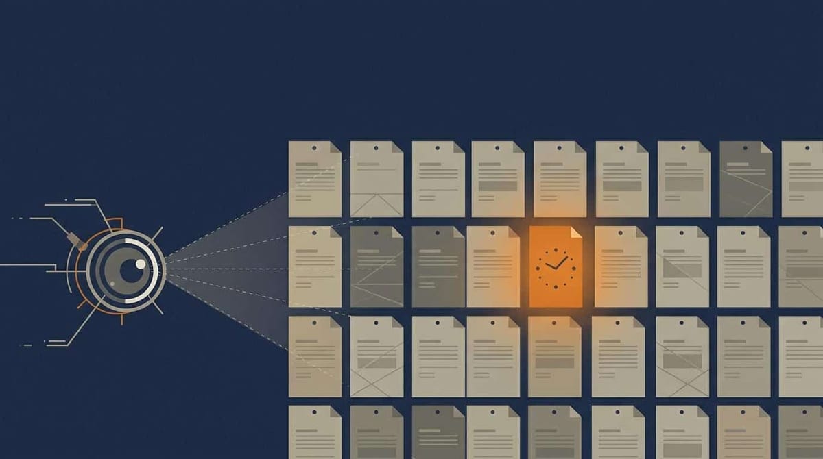 Mekanisk linse scanner en væg af ensartede dokumenter; ét enkelt ark lyser orange med en urskive som tegn på en reel ændring