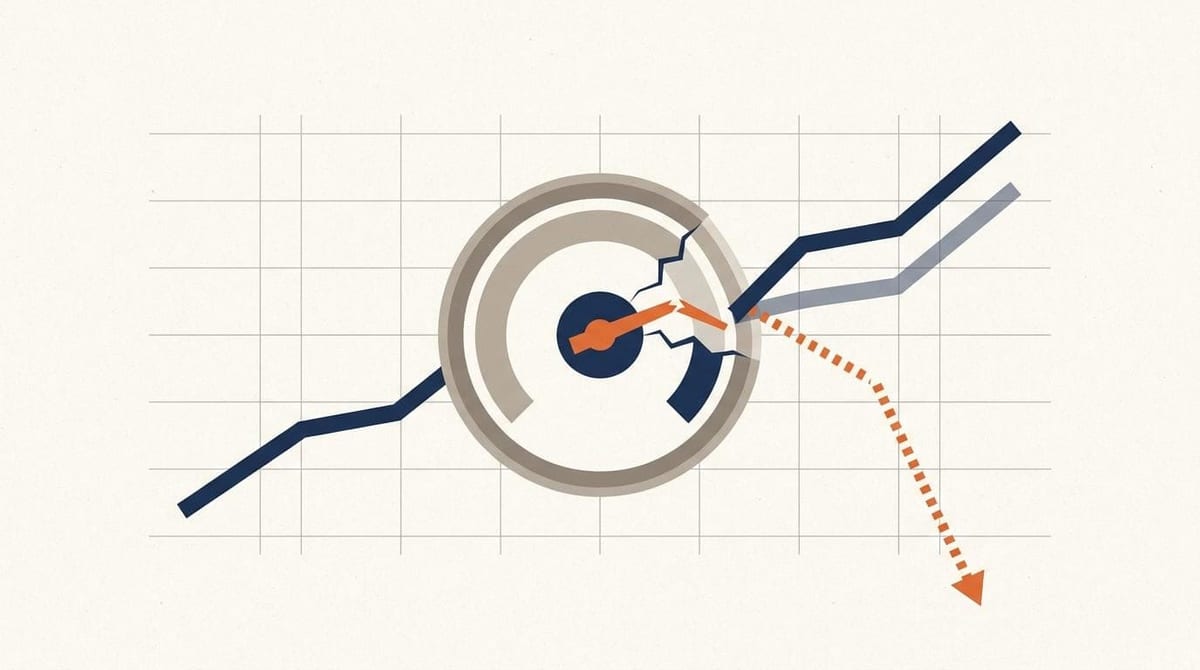 Illustration: en stigende kurve deler sig ved en revnet måler, hvor en stiplet orange linje falder, mens den rigtige kurve fortsætter opad