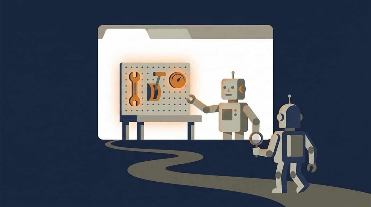 Illustration: en robot bruger værktøj inde i et browservindue, mens en søgemaskinerobot går forbi udenfor uden at kunne se ind